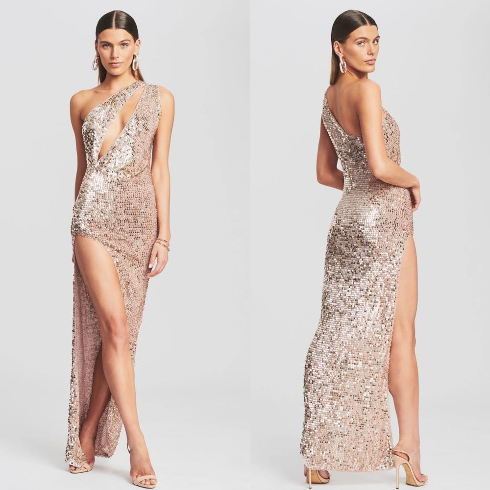 Retrofete Rose Gold Sequin One-Shoulder Maxi Dress
